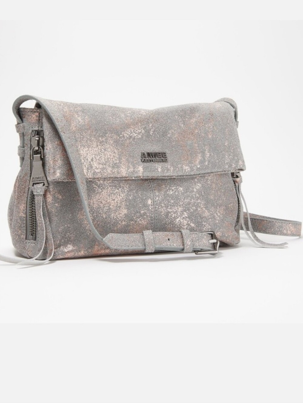 Aimee Kestenberg Bali Double Entry Crossbody Bag Leather Metallic Rose Gold Gray
